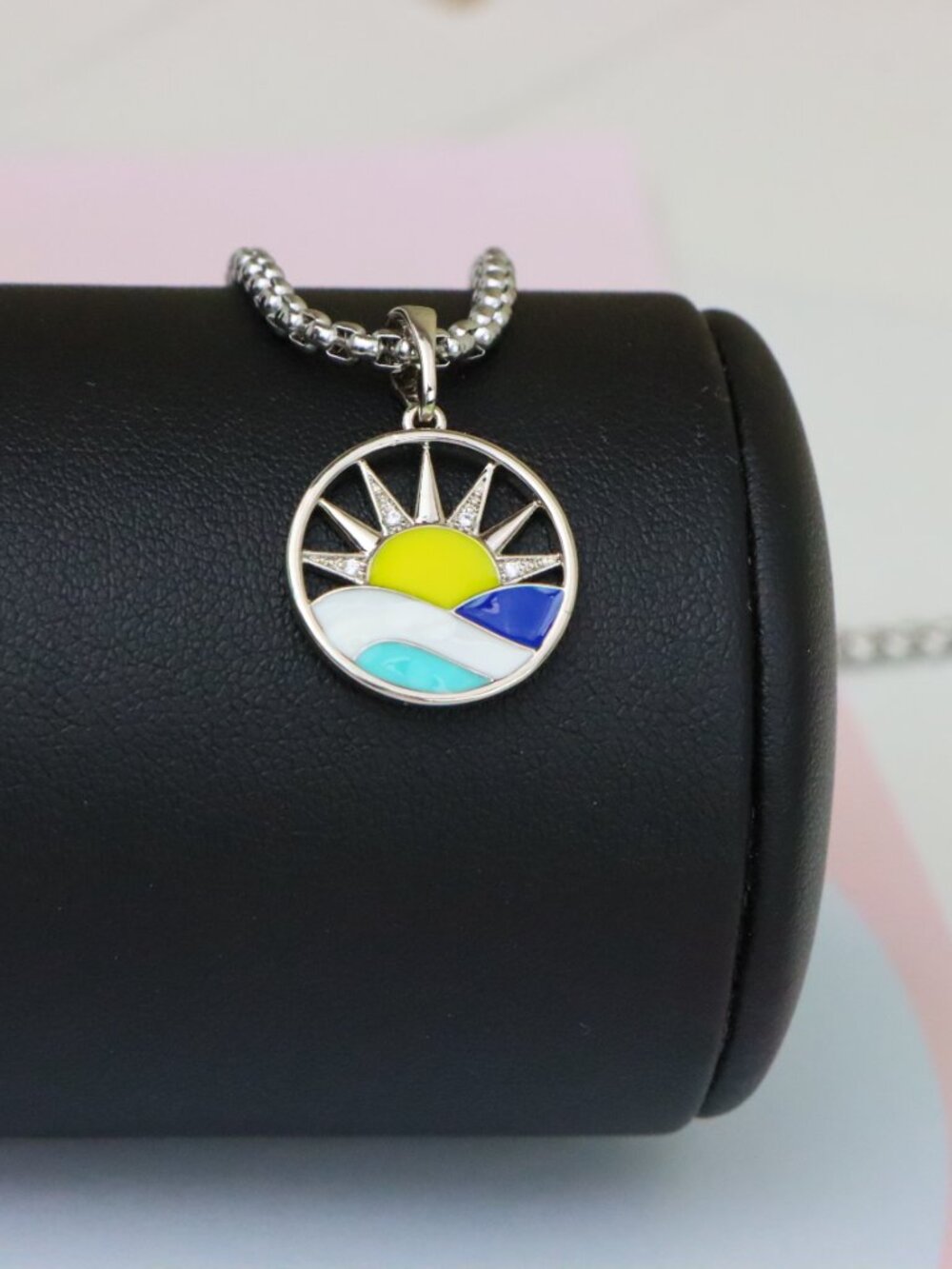 Round Silver Pendant with Colorful Sun and Wave Enamel Design, XPPT1867 - Picture 10 of 11